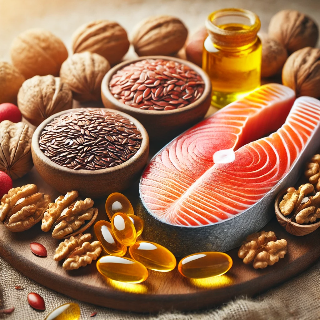 DALL·E 2024 10 04 23.25.46 A close up image of various Omega 3 rich foods such as salmon fillets walnuts flaxseeds and fish oil capsules arranged in a natural aesthetically