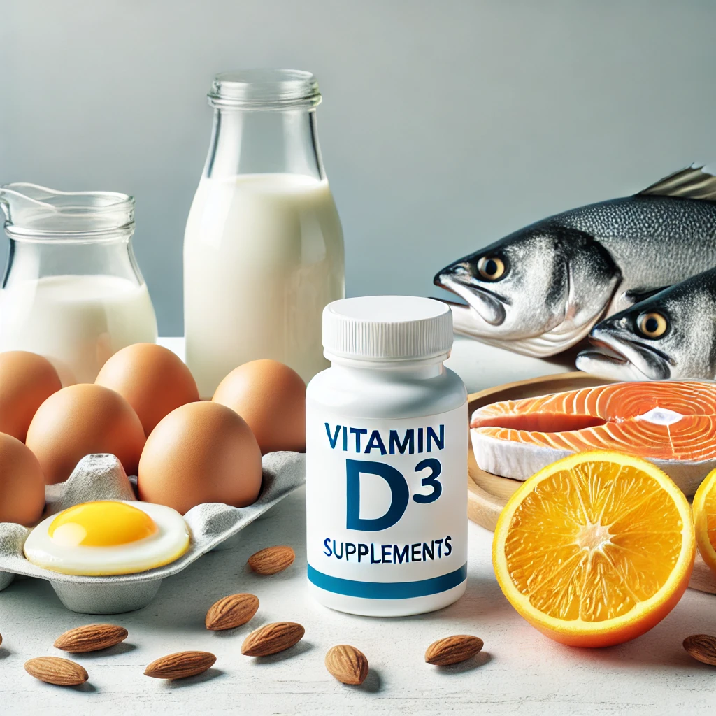 DALL·E 2024 10 09 12.05.08 A clean and detailed image of a bottle of Vitamin D3 supplements placed alongside healthy foods rich in Vitamin D such as fish eggs and fortified m