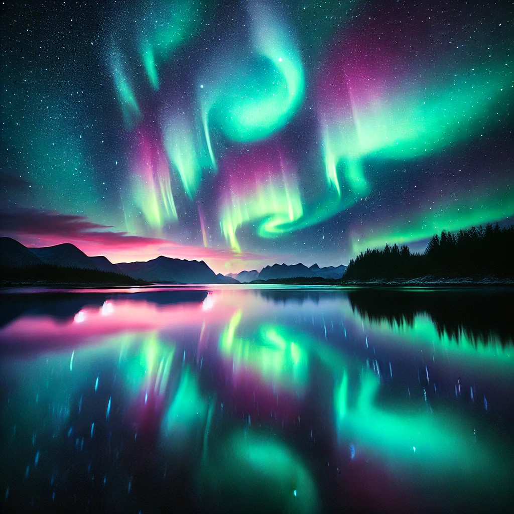 Northern lights with green, pink, and blue hues reflected on a calm lake, framed by mountains and trees in the background.