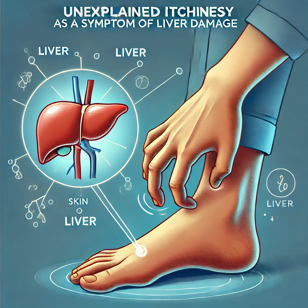 DALL·E 2024 10 05 20.22.50 An illustration depicting unexplained itchiness as a symptom of liver damage. The image shows a human figure scratching the bottoms of their feet or p