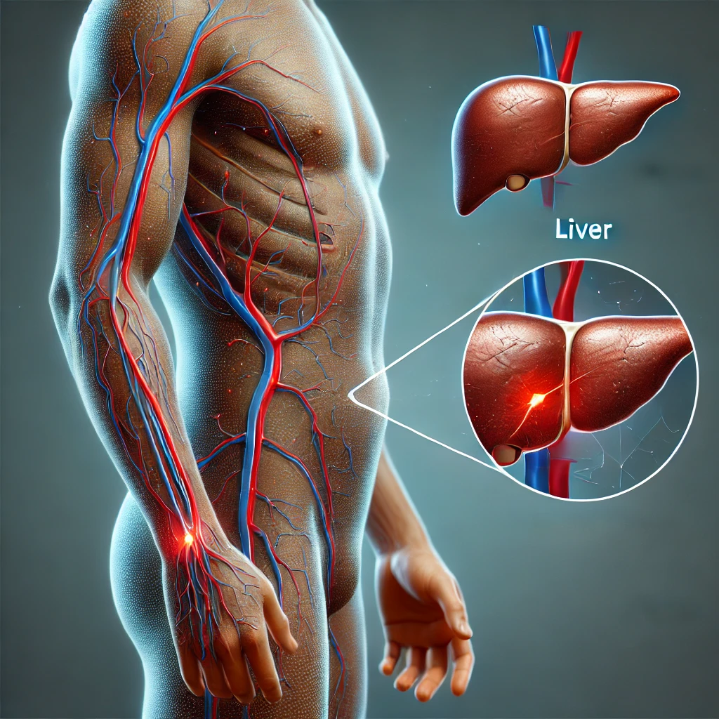 DALL·E 2024 10 05 20.24.04 An educational illustration showing red dots and spider veins on the skin as a symptom of liver damage. The image focuses on an arm or leg with visibl