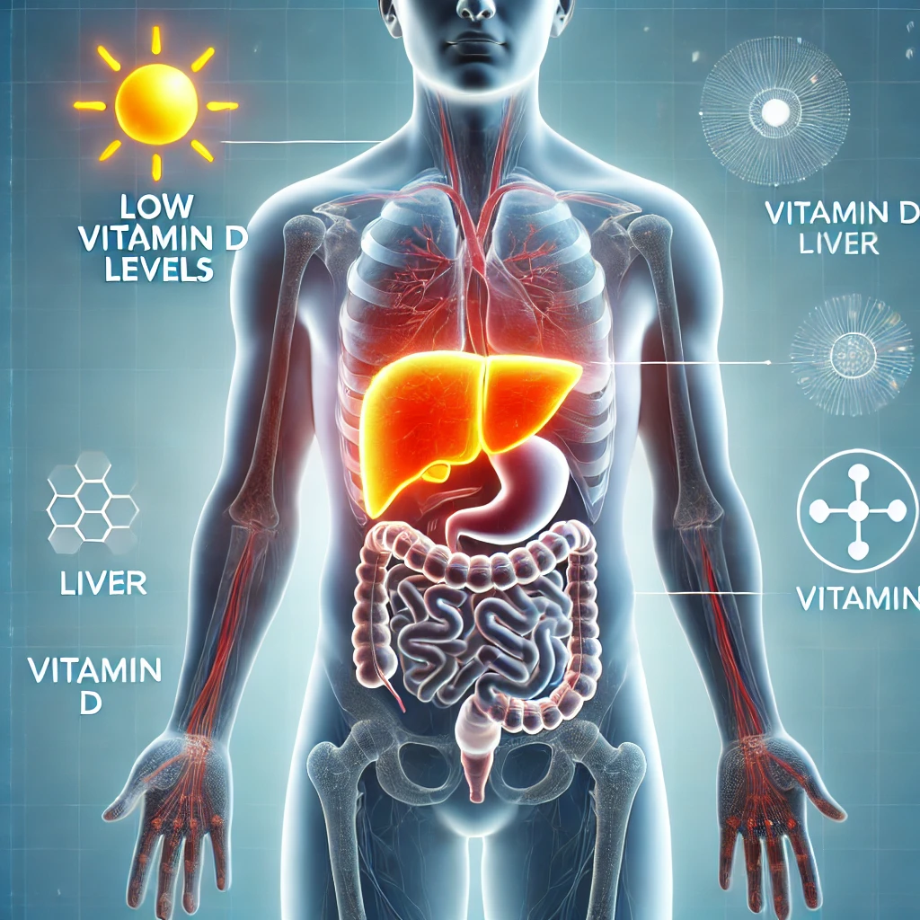 DALL·E 2024 10 05 20.25.27 An educational illustration depicting low vitamin D levels as a symptom of liver damage. The image shows a human figure with emphasis on both the live