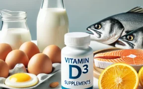 DALL·E 2024 10 09 12.05.08 A clean and detailed image of a bottle of Vitamin D3 supplements placed alongside healthy foods rich in Vitamin D such as fish eggs and fortified m