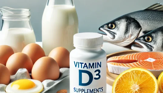 DALL·E 2024 10 09 12.05.08 A clean and detailed image of a bottle of Vitamin D3 supplements placed alongside healthy foods rich in Vitamin D such as fish eggs and fortified m