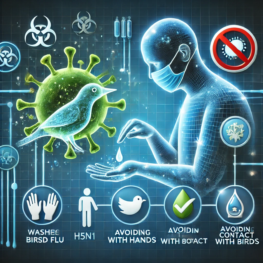 A visual representation of H5N1 bird flu prevention, showing a person washing hands and avoiding contact with birds. The image includes a symbolic virus and icons for masks and vaccines, emphasizing cleanliness and safety.