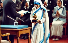 Mother Teresa receiving the Nobel Peace Prize in 1979 in Oslo, Norway, standing humbly in her white sari with blue borders, holding the award in a formal setting surrounded by dignitaries and a solemn audience.