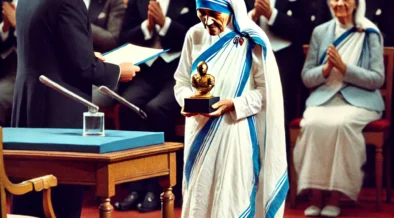 Mother Teresa receiving the Nobel Peace Prize in 1979 in Oslo, Norway, standing humbly in her white sari with blue borders, holding the award in a formal setting surrounded by dignitaries and a solemn audience.