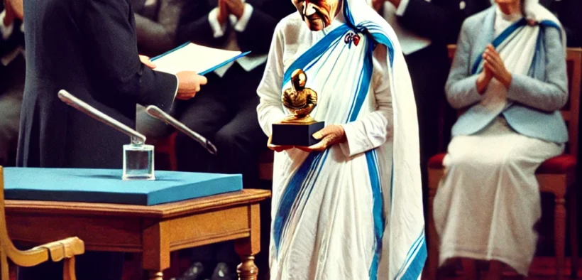 Mother Teresa receiving the Nobel Peace Prize in 1979 in Oslo, Norway, standing humbly in her white sari with blue borders, holding the award in a formal setting surrounded by dignitaries and a solemn audience.