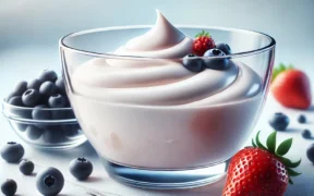 Creamy bowl of probiotic-rich yogurt surrounded by fresh berries, including strawberries, blueberries, and blackberries, highlighting yogurt’s health benefits and rich texture for gut health.