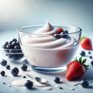 Creamy bowl of probiotic-rich yogurt surrounded by fresh berries, including strawberries, blueberries, and blackberries, highlighting yogurt’s health benefits and rich texture for gut health.