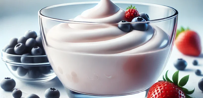 Creamy bowl of probiotic-rich yogurt surrounded by fresh berries, including strawberries, blueberries, and blackberries, highlighting yogurt’s health benefits and rich texture for gut health.