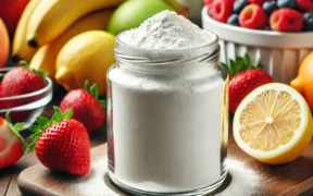 A glass jar of white powdered erythritol placed on a wooden counter, surrounded by fresh strawberries and lemons, showcasing its natural and keto-friendly qualities