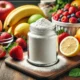 A glass jar of white powdered erythritol placed on a wooden counter, surrounded by fresh strawberries and lemons, showcasing its natural and keto-friendly qualities