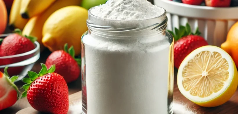 A glass jar of white powdered erythritol placed on a wooden counter, surrounded by fresh strawberries and lemons, showcasing its natural and keto-friendly qualities