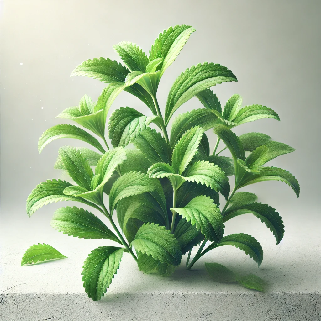 A vibrant image of a green stevia plant emphasizing its natural and raw form