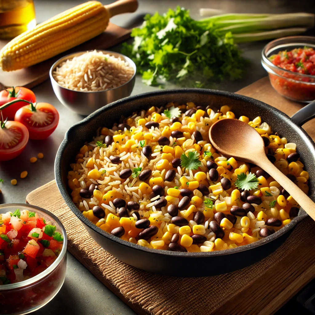 Adding black beans to rice and corn mixture