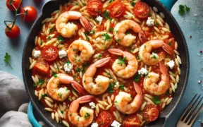 Baked shrimp and orzo with feta and tomatoes, showcasing the creamy texture and colorful ingredients