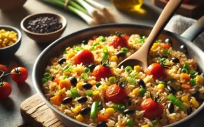 A vibrant bowl of freshly prepared cherry tomato salsa with cilantro and lime, perfect for topping rice and beans