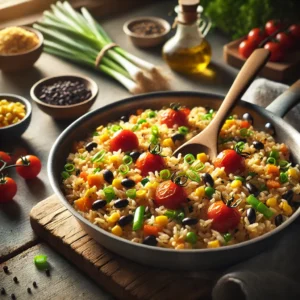 A vibrant bowl of freshly prepared cherry tomato salsa with cilantro and lime, perfect for topping rice and beans