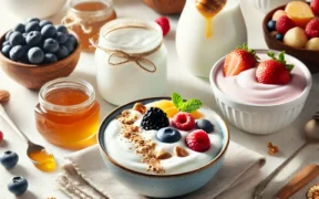 An assortment of yogurts including Greek yogurt, dairy-free coconut yogurt, and a bowl topped with fresh berries, granola, and honey, highlighting healthy yogurt choices and toppings