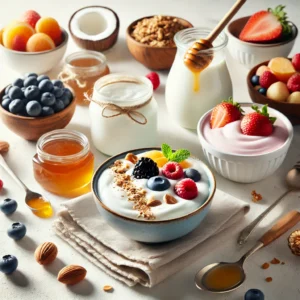 An assortment of yogurts including Greek yogurt, dairy-free coconut yogurt, and a bowl topped with fresh berries, granola, and honey, highlighting healthy yogurt choices and toppings