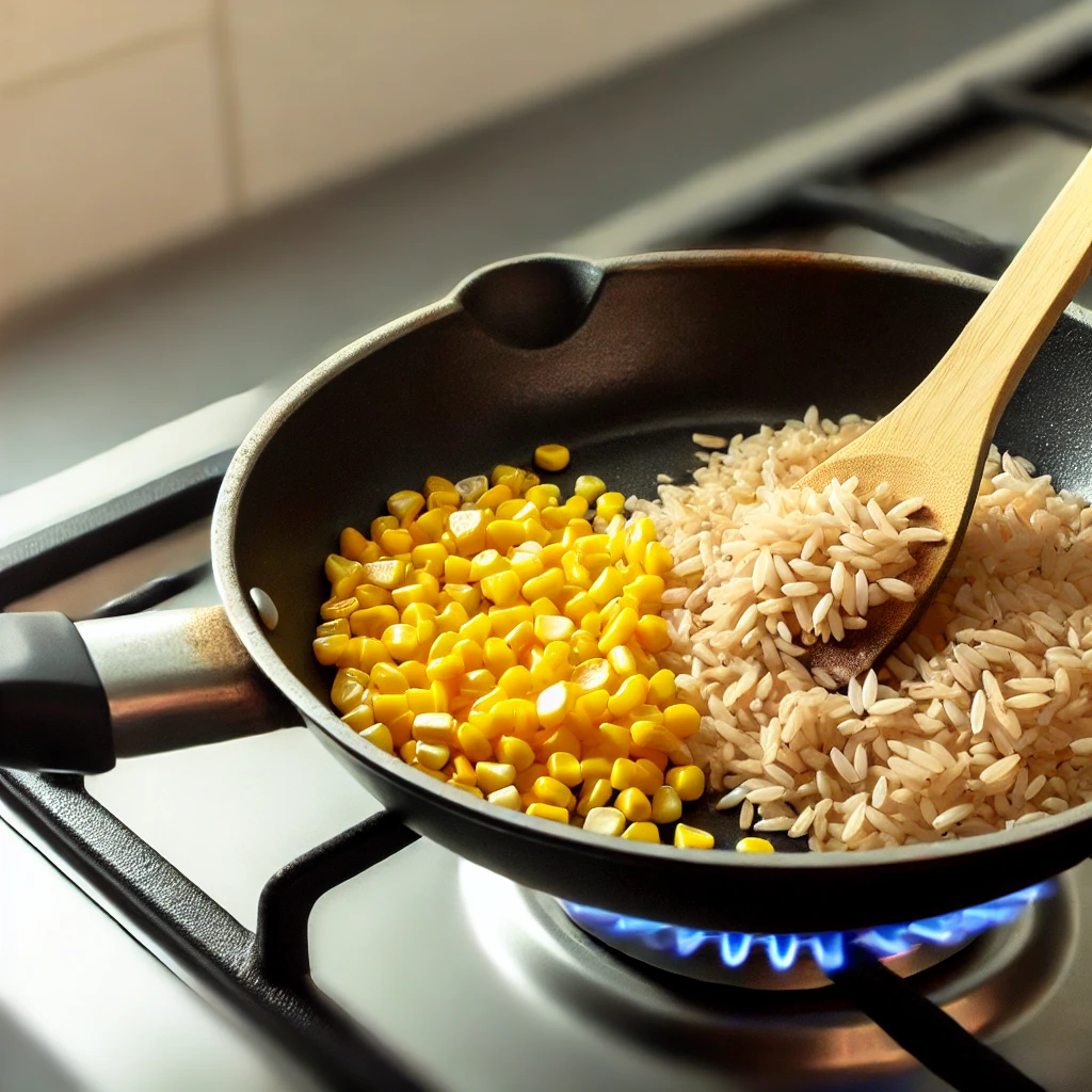 Toasting corn and rice in skillet