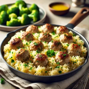 Turkey Meatballs with Lemony Rice served in a skillet with garnished parsley and lemon wedges