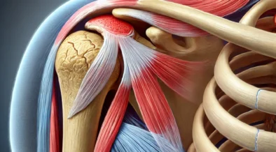 Medical illustration of a human shoulder showing a partial thickness tear in the supraspinatus tendon. The highlighted tear is outlined in red, with anatomical structures like the bursa, acromion, and rotator cuff labeled for clarity.