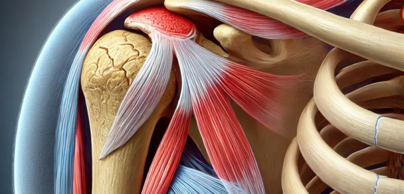 Medical illustration of a human shoulder showing a partial thickness tear in the supraspinatus tendon. The highlighted tear is outlined in red, with anatomical structures like the bursa, acromion, and rotator cuff labeled for clarity.