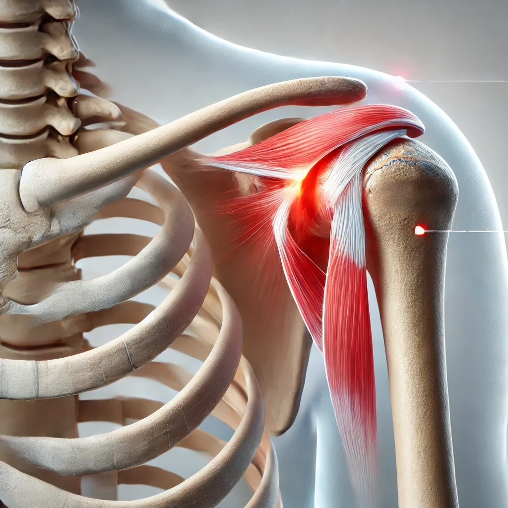 Realistic medical diagram of the shoulder joint depicting a partial thickness tear in the supraspinatus tendon. Key features such as the rotator cuff muscles, acromion, and subacromial bursa are labeled, with the tear marked in red for educational emphasis.