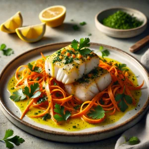 A beautifully plated dish of braised halibut with carrots and coriander, featuring two tender halibut fillets topped with a bright yellow sauce and garnished with fresh cilantro. The halibut rests on a bed of vibrant orange carrot ribbons, with lemon wedges and fresh parsley leaves as garnish. The plate is presented on a neutral background, with soft natural lighting highlighting the freshness and vibrant colors of the ingredients