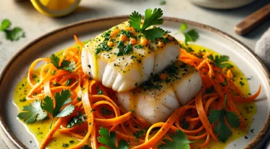 A beautifully plated dish of braised halibut with carrots and coriander, featuring two tender halibut fillets topped with a bright yellow sauce and garnished with fresh cilantro. The halibut rests on a bed of vibrant orange carrot ribbons, with lemon wedges and fresh parsley leaves as garnish. The plate is presented on a neutral background, with soft natural lighting highlighting the freshness and vibrant colors of the ingredients